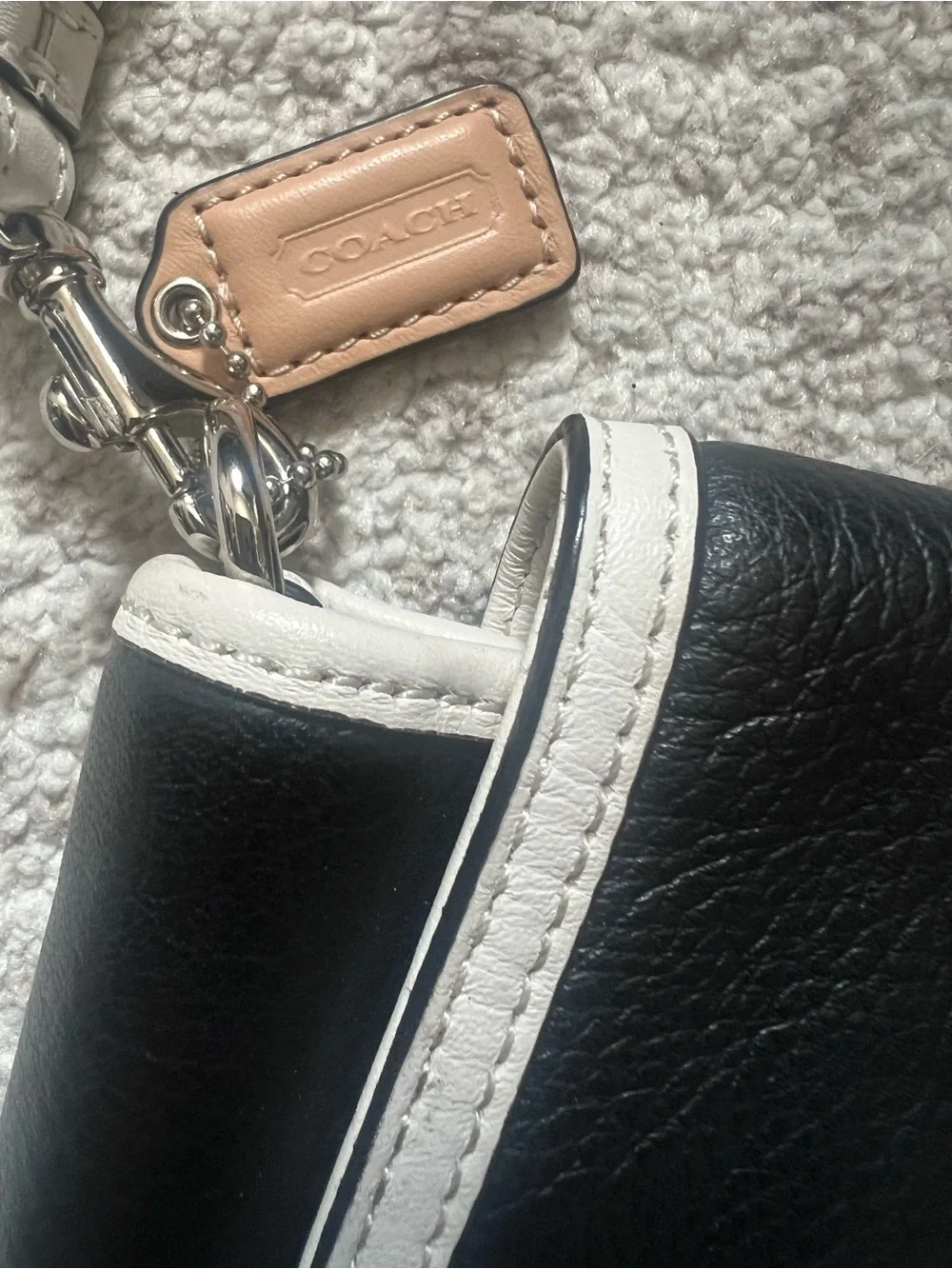 Coach Black Leather Wristlet with White Trim and Tan Accent